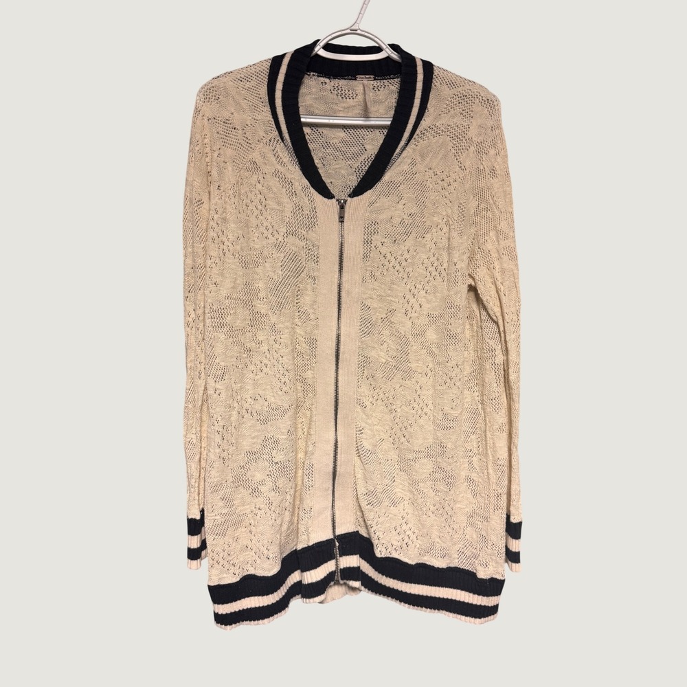 Free People Varsity Lace Pointelle Bomber  Jacket Cream Navy Cardigan Zip Up Med